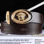 Perfect Fake Versace Brown Smooth Leather Belt - Gold Diamond Medusa Buckle